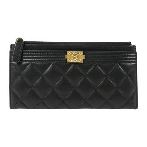 CHANEL 羊皮皮革Boy Chanel Zipper Long Wallet金扣長錢包