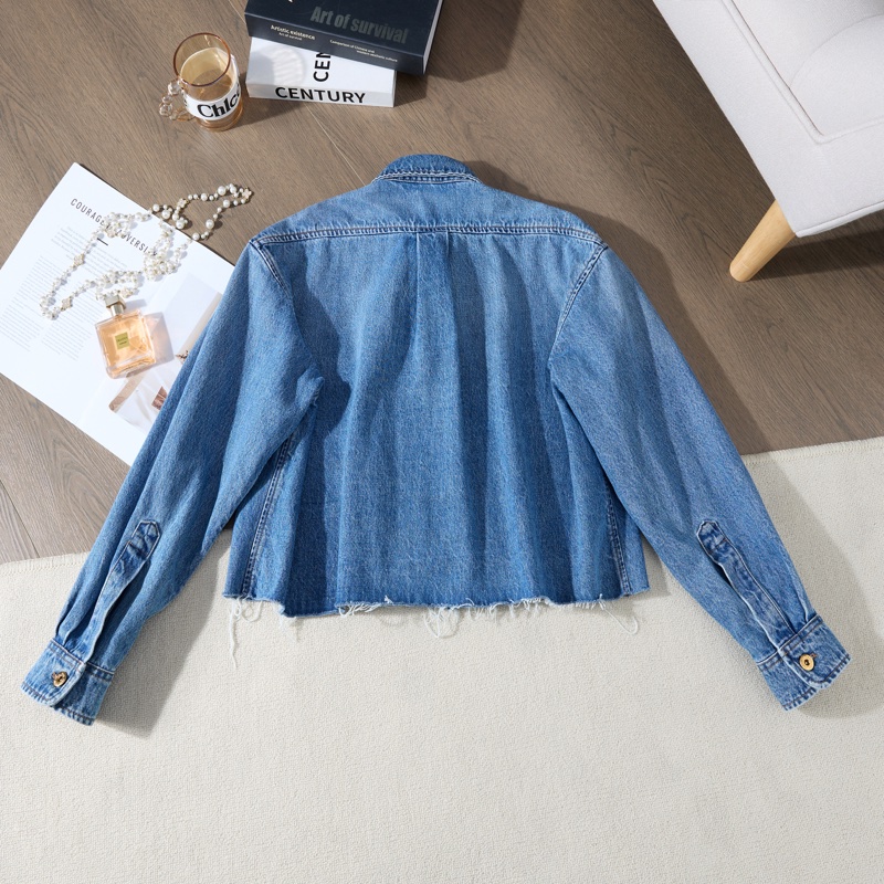 MIU MIU 復古水洗藍毛邊短款牛仔外套-7