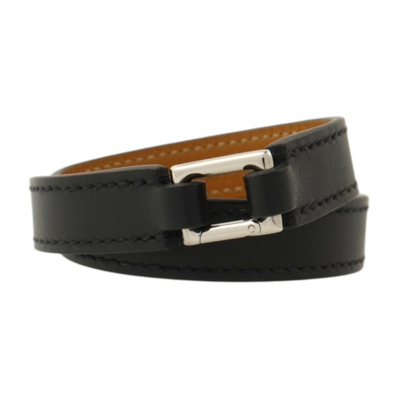 HERMES Swift皮革Rivale Double Tour銀扣手鏈Noir-2