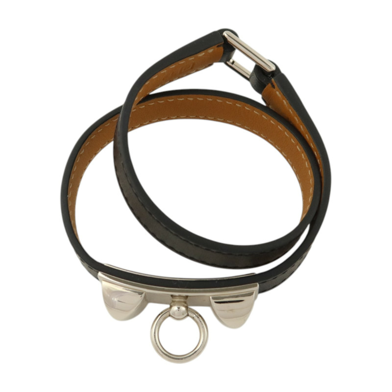 HERMES Swift皮革Rivale Double Tour銀扣手鏈Noir-3