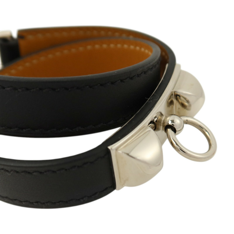 HERMES Swift皮革Rivale Double Tour銀扣手鏈Noir-4