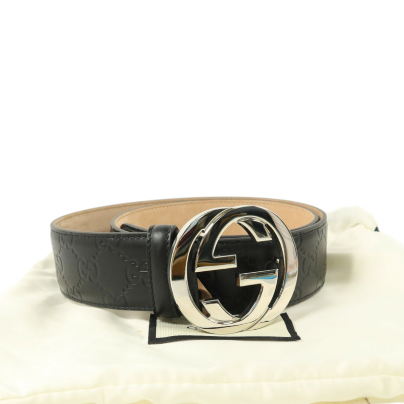 GUCCI 牛皮皮革Interlocking G buckle Belt 85cm銀扣皮帶-4