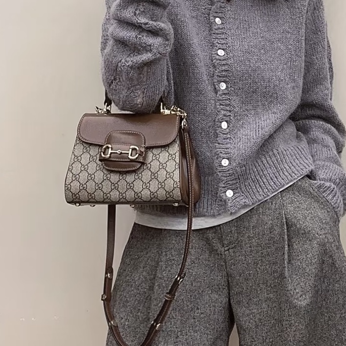 🏆Gucci古馳horsebit1955系列老花手提郵差包斜挎包-1