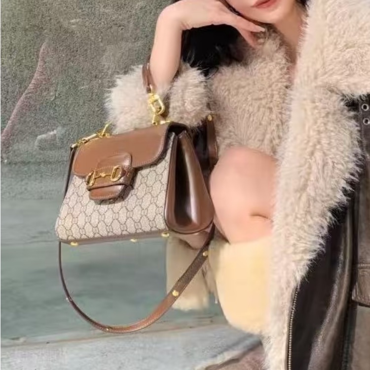 🏆Gucci古馳horsebit1955系列老花手提郵差包斜挎包-21