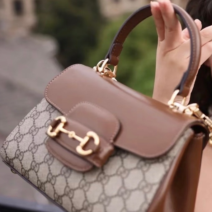 🏆Gucci古馳horsebit1955系列老花手提郵差包斜挎包-22