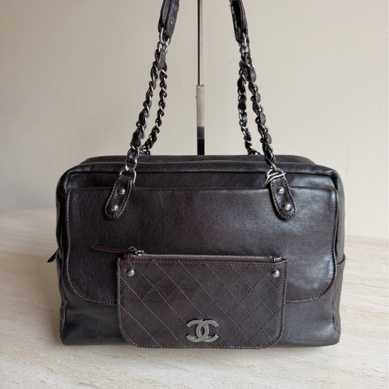 Chanel香奈兒巧克力色魚子醬機車包-0