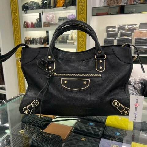 東區正精品㊣BALENCIAGA 115748 CITY 巴黎世家黑色山羊皮金邊金釦機車包肩背包手提包 RZ6365