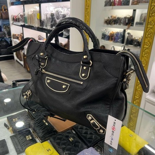 東區正精品㊣BALENCIAGA 115748 CITY 巴黎世家黑色山羊皮金邊金釦機車包肩背包手提包 RZ6365-1