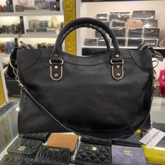 東區正精品㊣BALENCIAGA 115748 CITY 巴黎世家黑色山羊皮金邊金釦機車包肩背包手提包 RZ6365-2