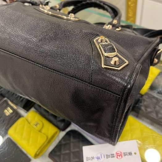 東區正精品㊣BALENCIAGA 115748 CITY 巴黎世家黑色山羊皮金邊金釦機車包肩背包手提包 RZ6365-7