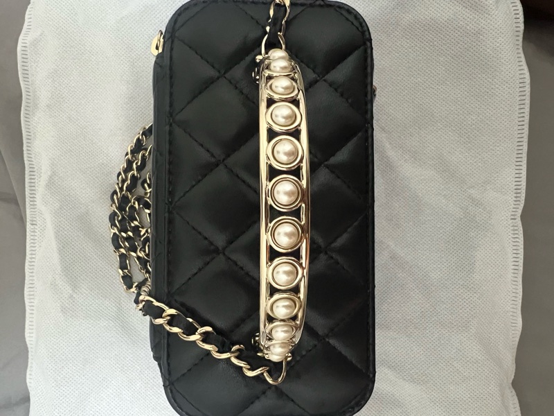 CHANEL 絕版全珍珠提把小羊皮黑長盒子 晶片款-2