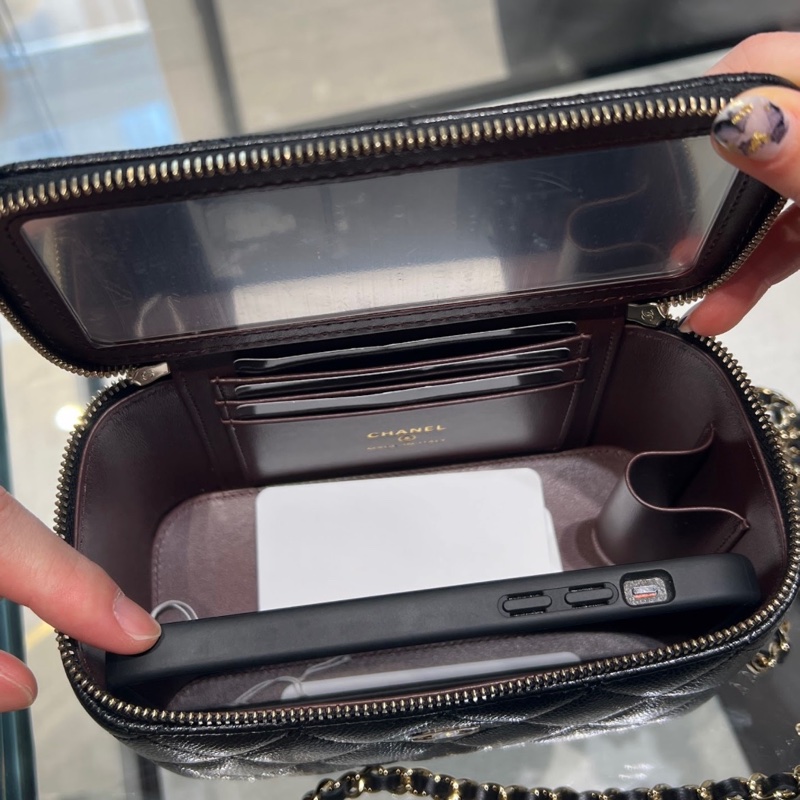 CHANEL 絕版全珍珠提把小羊皮黑長盒子 晶片款-4