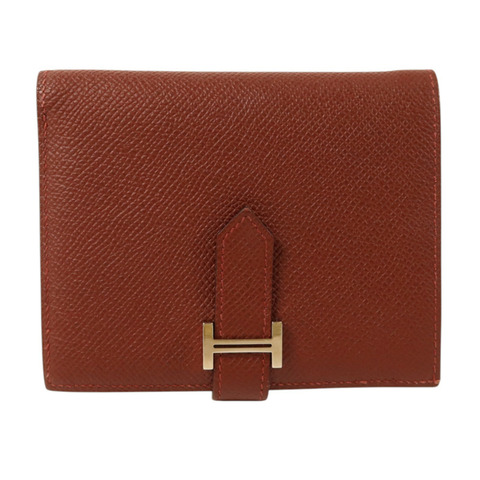 HERMES Epsom皮革Bearn Compact Wallet銀扣錢包Rouge/Rouge Mayen