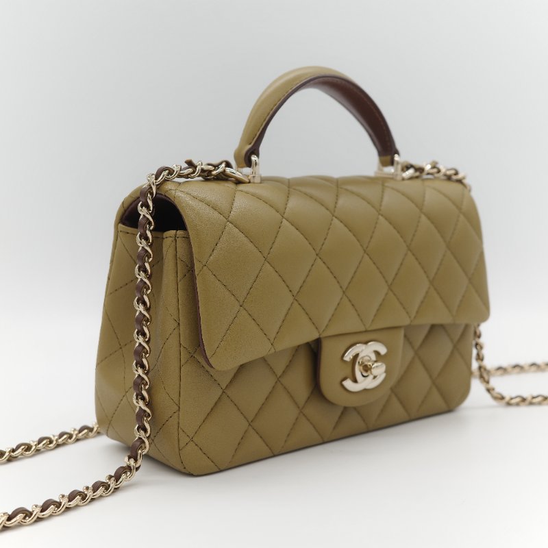 Chanel 香奈兒 Classic Flap 20cm CF Handle 手提款 橄欖綠 羊皮 斜挎包 手提包-3