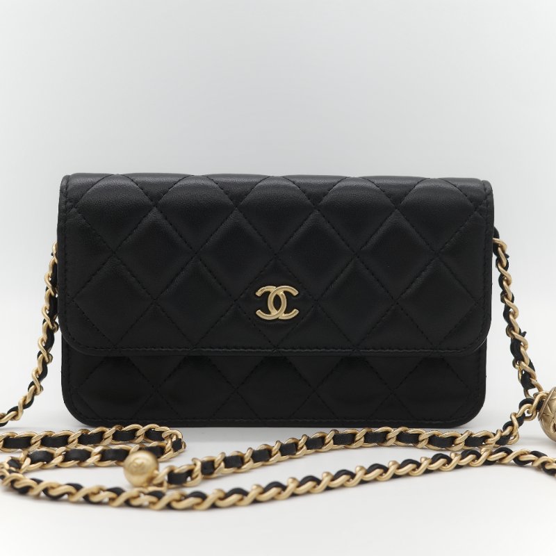 Chanel 香奈兒 黑色 羊皮 淡金扣 WOC 金球 鏈條 斜挎包-1