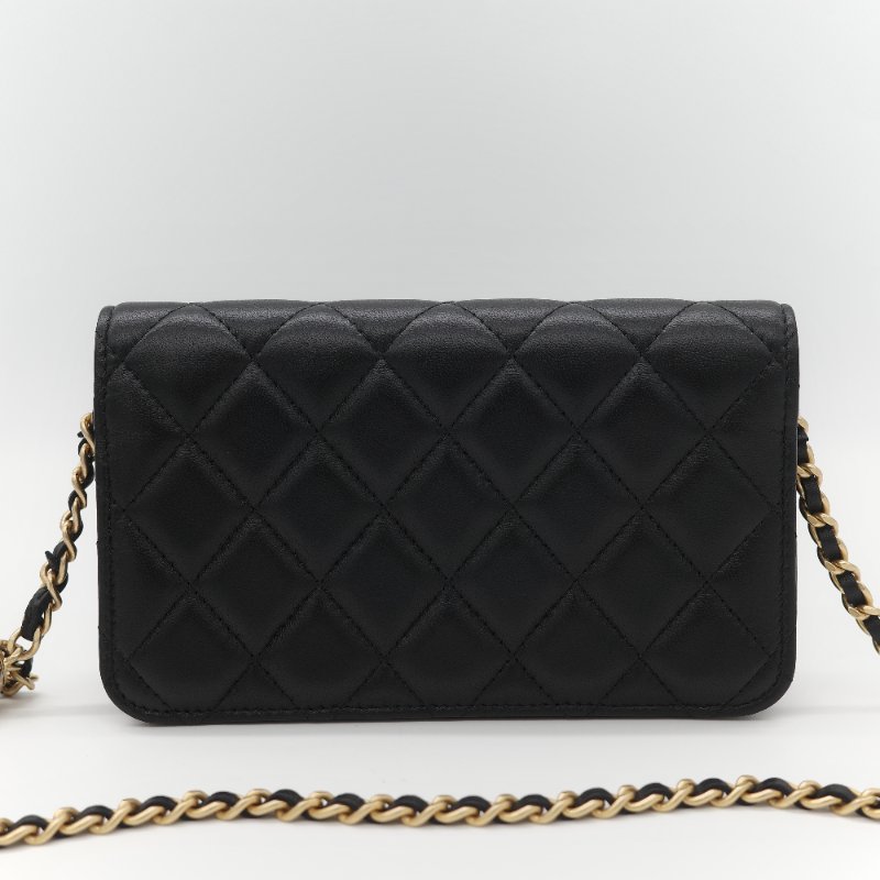 Chanel 香奈兒 黑色 羊皮 淡金扣 WOC 金球 鏈條 斜挎包-4