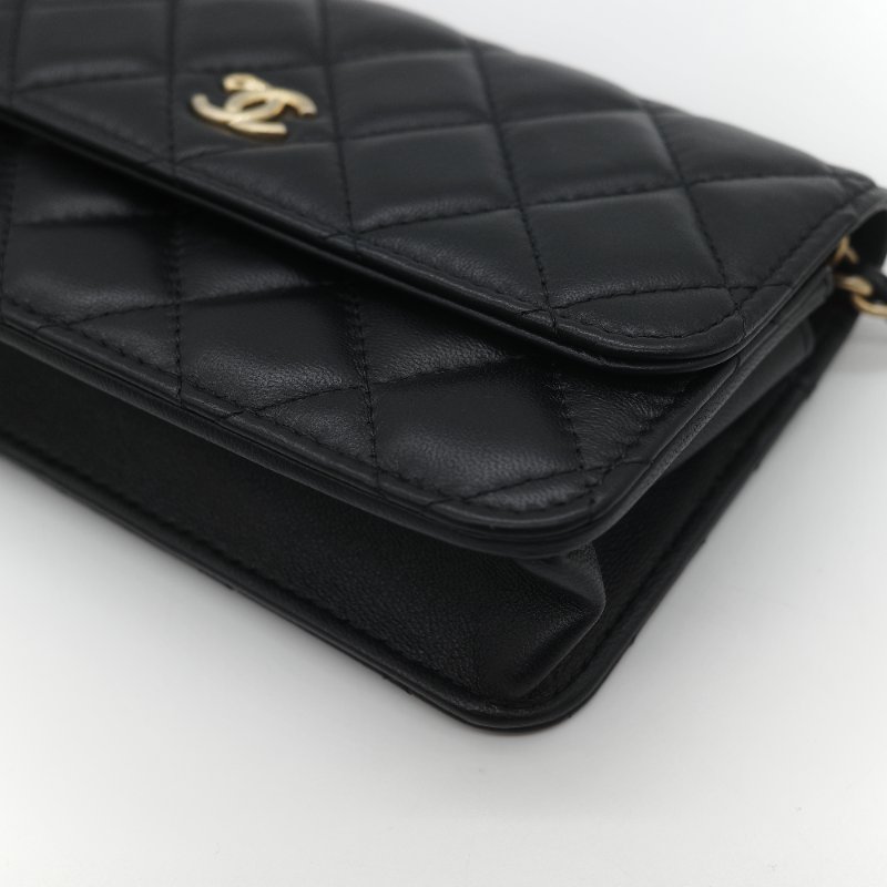 Chanel 香奈兒 黑色 羊皮 淡金扣 WOC 金球 鏈條 斜挎包-9