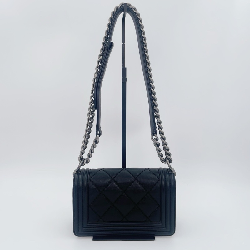 「JL精品代購」香奈兒黑銀羊皮外縫線leboy小號-4