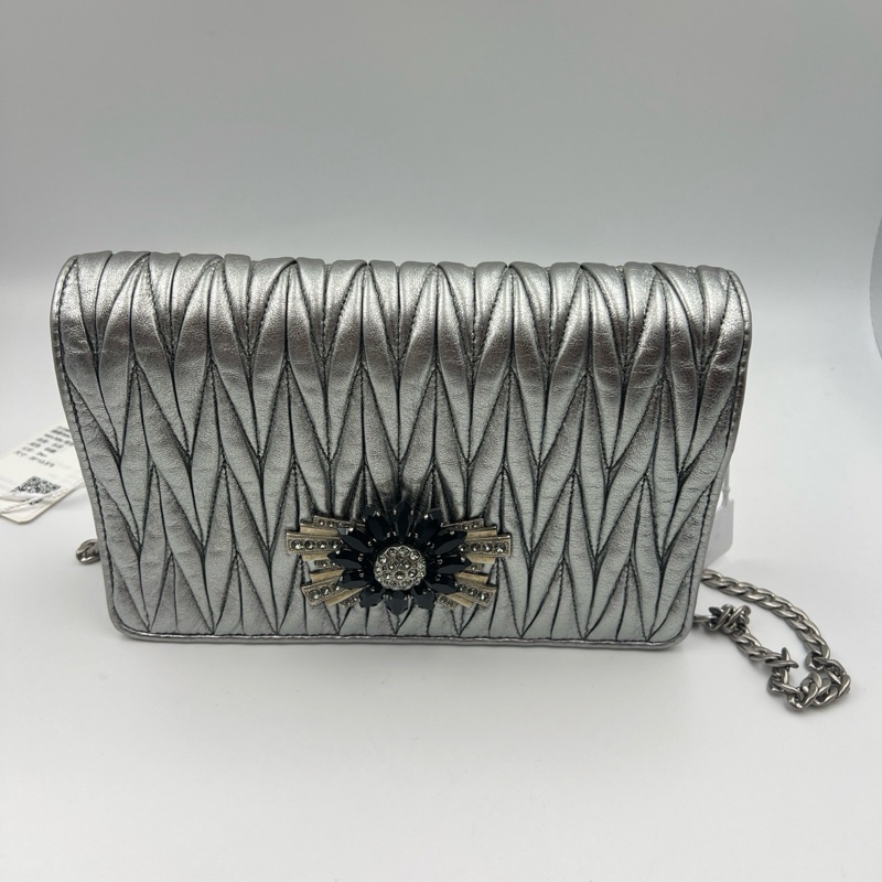 Miumiu 缪缪褶皱链条包,银色 水钻太阳花扣-0