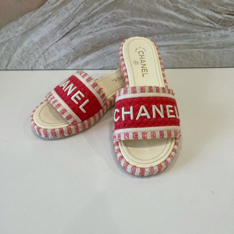 香奈兒/Chanel 紅白刺繡字母logo 女士拖鞋-0