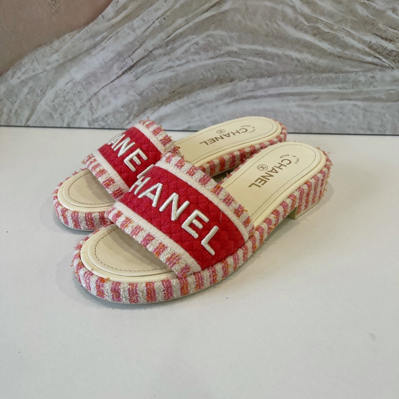 香奈兒/Chanel 紅白刺繡字母logo 女士拖鞋-1