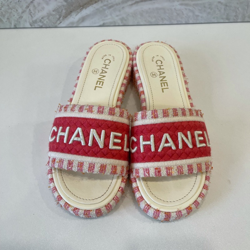香奈兒/Chanel 紅白刺繡字母logo 女士拖鞋-2