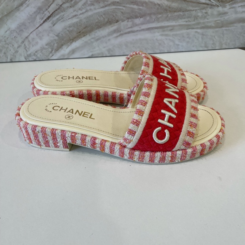 香奈兒/Chanel 紅白刺繡字母logo 女士拖鞋-3