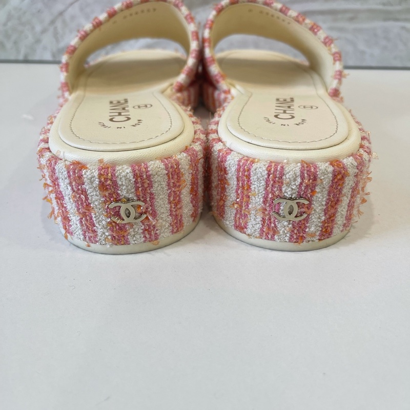 香奈兒/Chanel 紅白刺繡字母logo 女士拖鞋-4