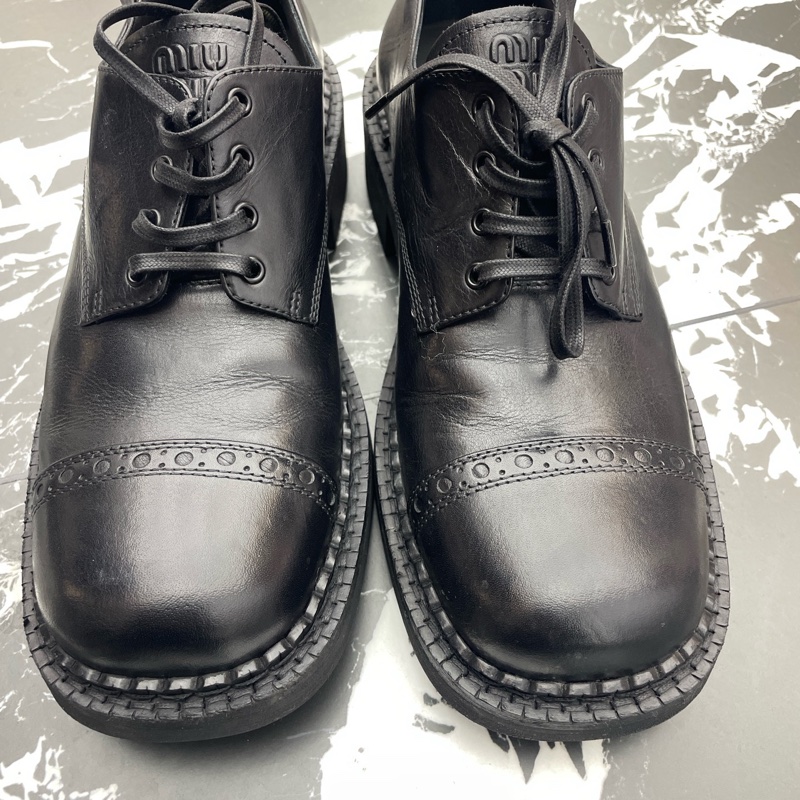 Miu miu/繆繆 25新款系帶布洛克單鞋英倫真皮圓頭百搭德比鞋-0