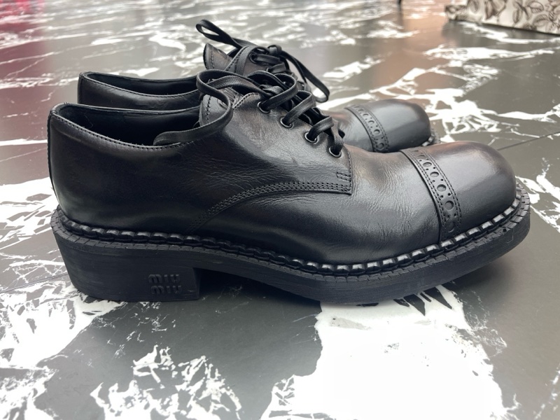 Miu miu/繆繆 25新款系帶布洛克單鞋英倫真皮圓頭百搭德比鞋-1