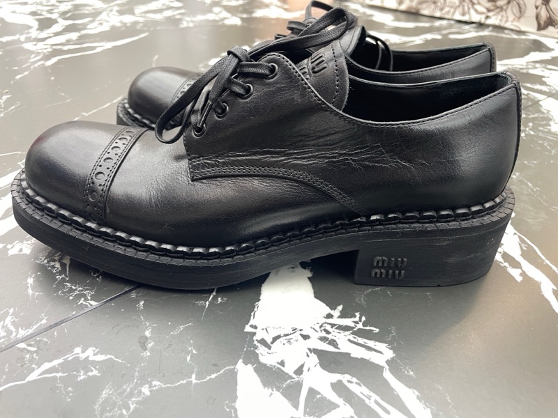 Miu miu/繆繆 25新款系帶布洛克單鞋英倫真皮圓頭百搭德比鞋-3