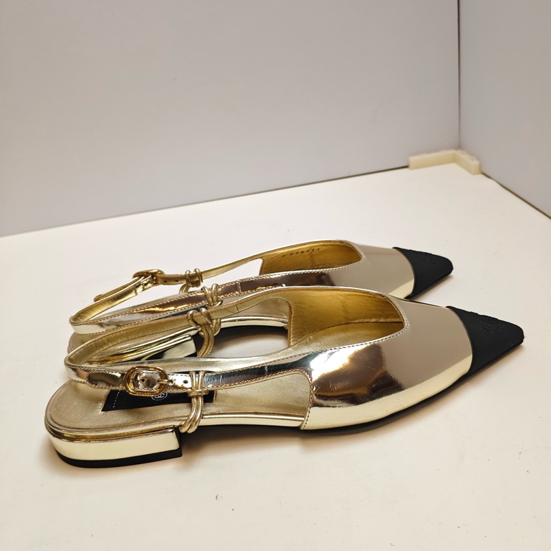 Chanel香奈兒 淺金色尖頭瑪麗珍單鞋 涼鞋 平底鞋-3