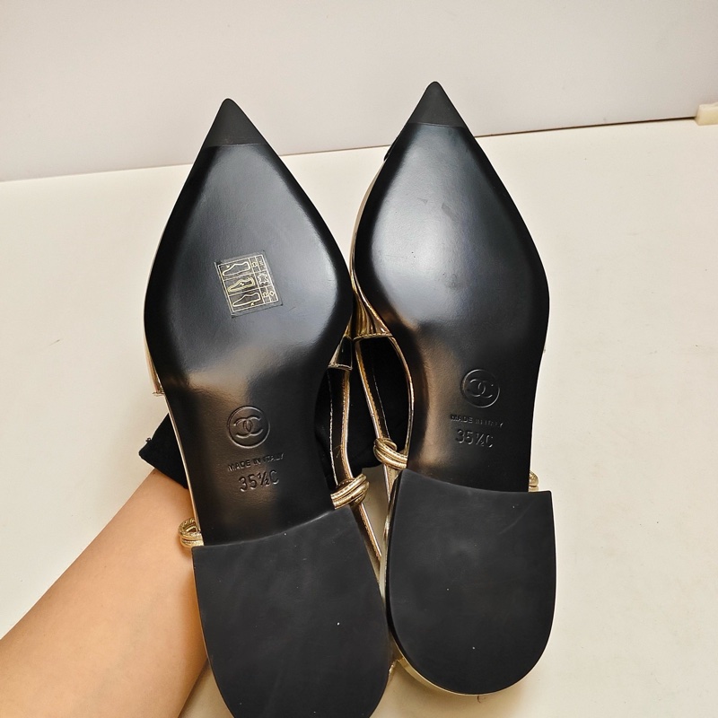 Chanel香奈兒 淺金色尖頭瑪麗珍單鞋 涼鞋 平底鞋-5