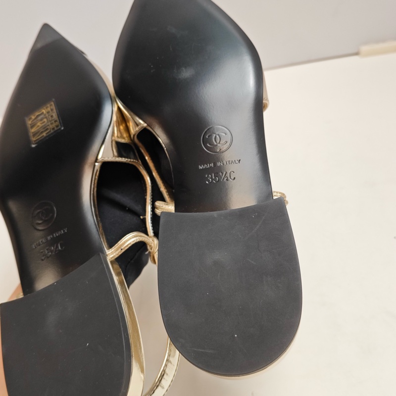 Chanel香奈兒 淺金色尖頭瑪麗珍單鞋 涼鞋 平底鞋-8