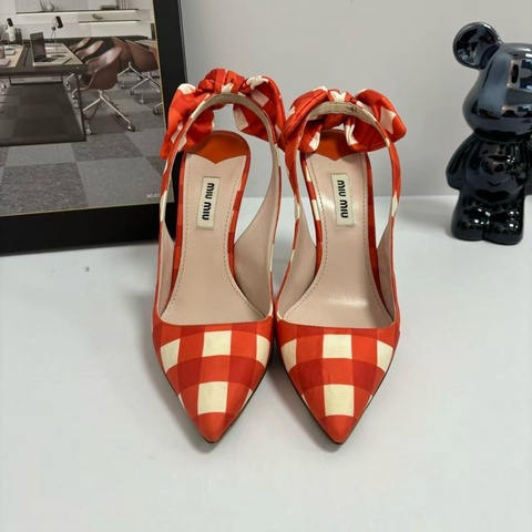 MIUMIU繆繆橘紅色格子糖果蝴蝶結百搭高跟女鞋
