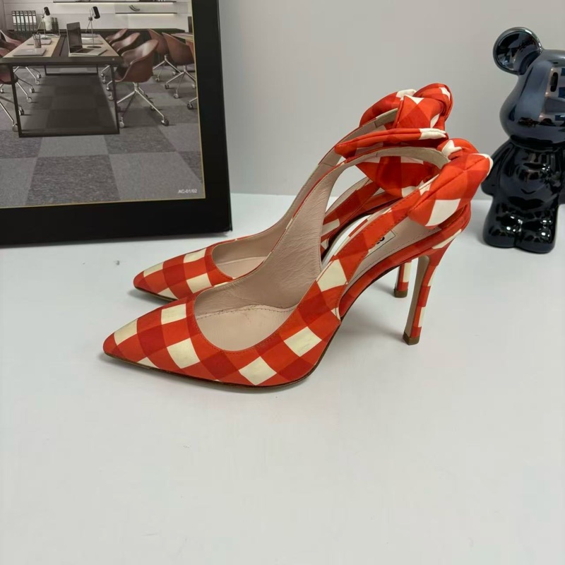 MIUMIU繆繆橘紅色格子糖果蝴蝶結百搭高跟女鞋-1