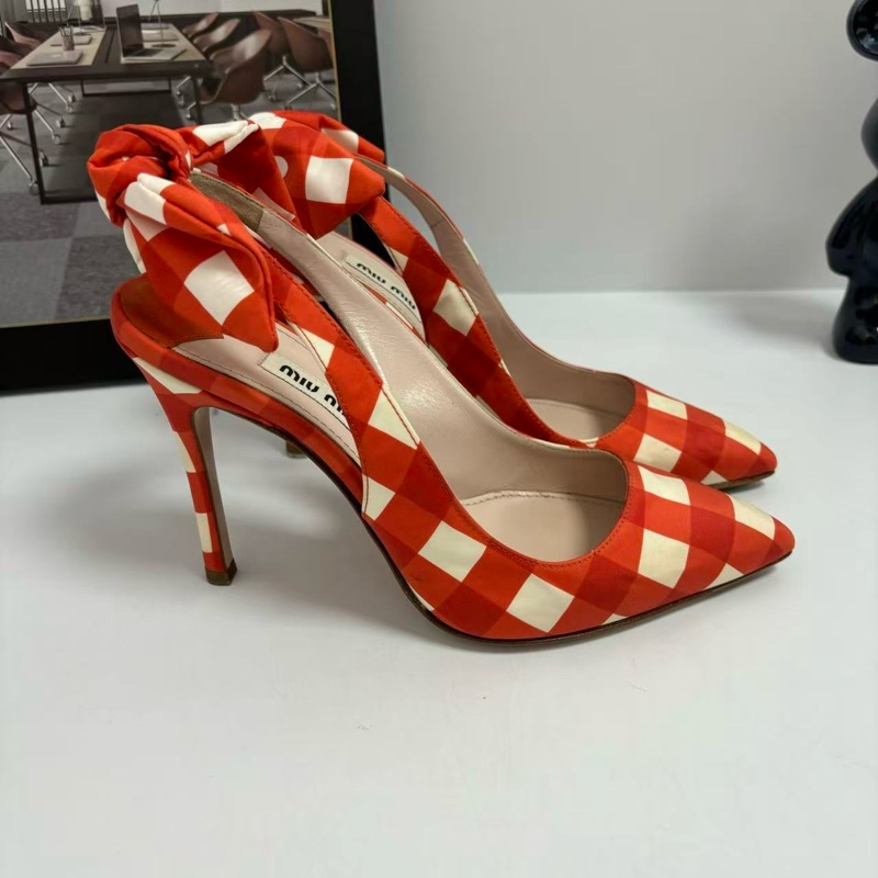 MIUMIU繆繆橘紅色格子糖果蝴蝶結百搭高跟女鞋-2