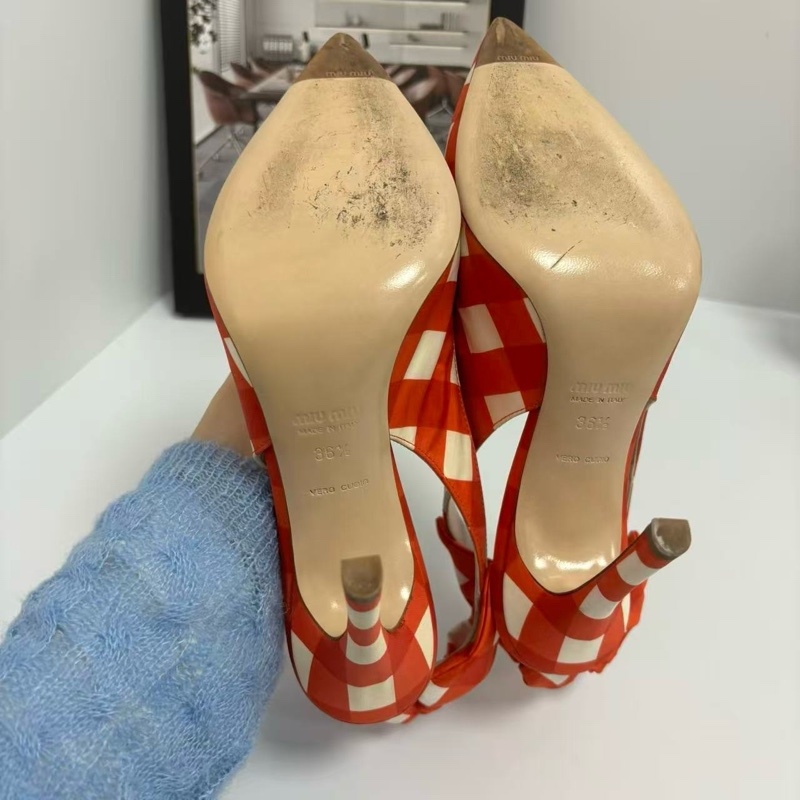 MIUMIU繆繆橘紅色格子糖果蝴蝶結百搭高跟女鞋-4