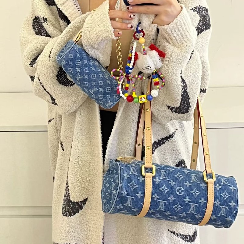 LV Papillon牛仔丹寧子母 芯片款 牛仔拼金扣28*12 99新配件子包塵袋-0