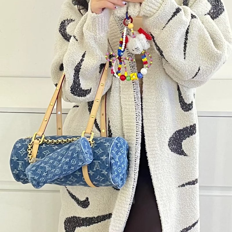 LV Papillon牛仔丹寧子母 芯片款 牛仔拼金扣28*12 99新配件子包塵袋-1