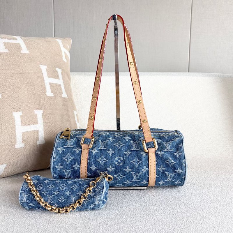 LV Papillon牛仔丹寧子母 芯片款 牛仔拼金扣28*12 99新配件子包塵袋-2