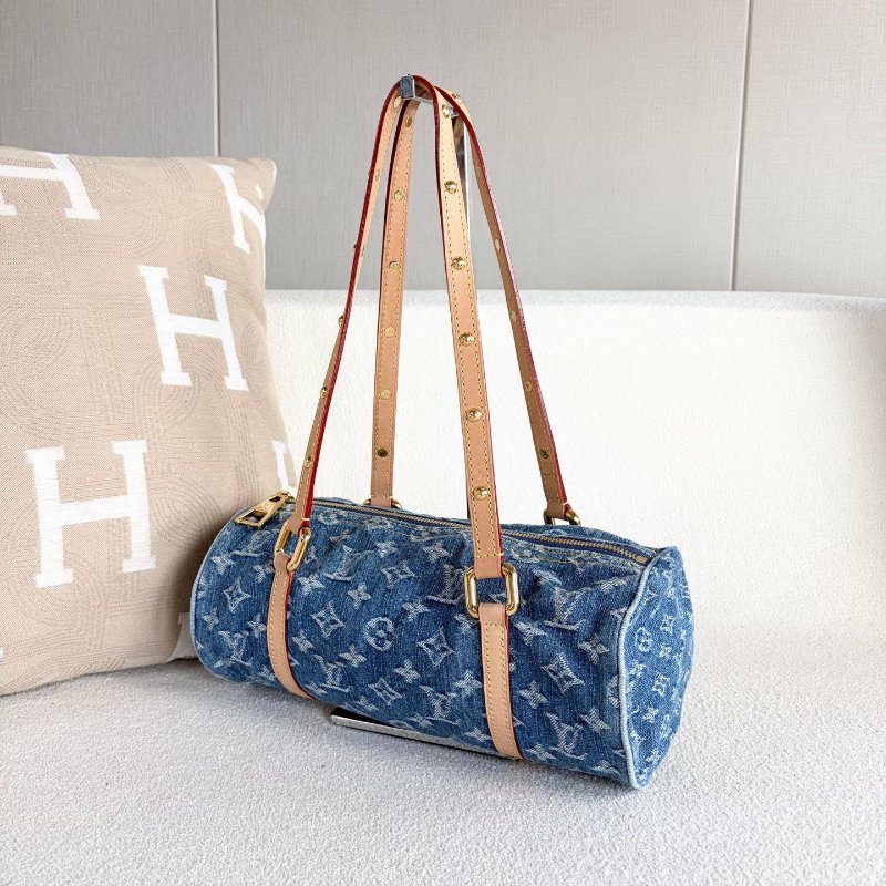 LV Papillon牛仔丹寧子母 芯片款 牛仔拼金扣28*12 99新配件子包塵袋-4