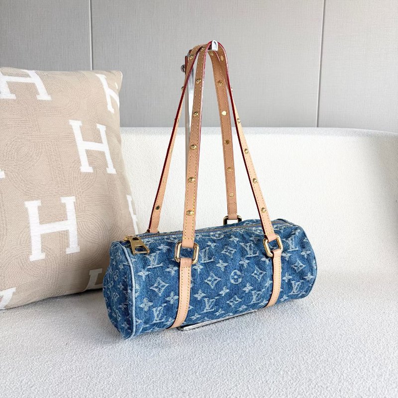 LV Papillon牛仔丹寧子母 芯片款 牛仔拼金扣28*12 99新配件子包塵袋-5