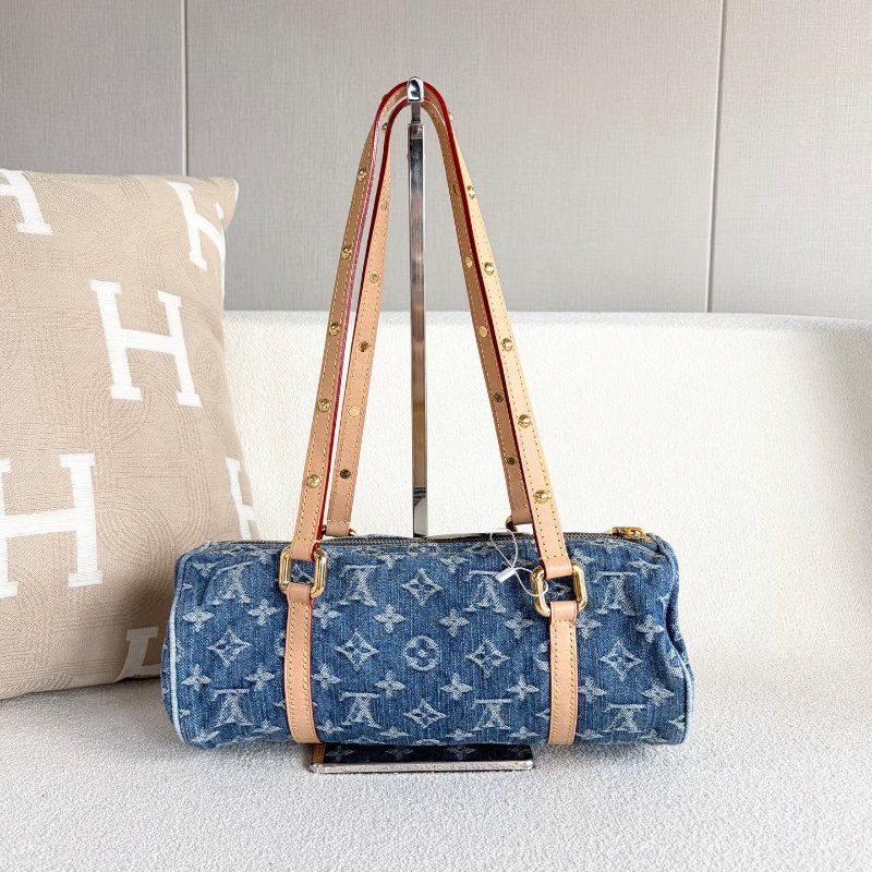 LV Papillon牛仔丹寧子母 芯片款 牛仔拼金扣28*12 99新配件子包塵袋-6