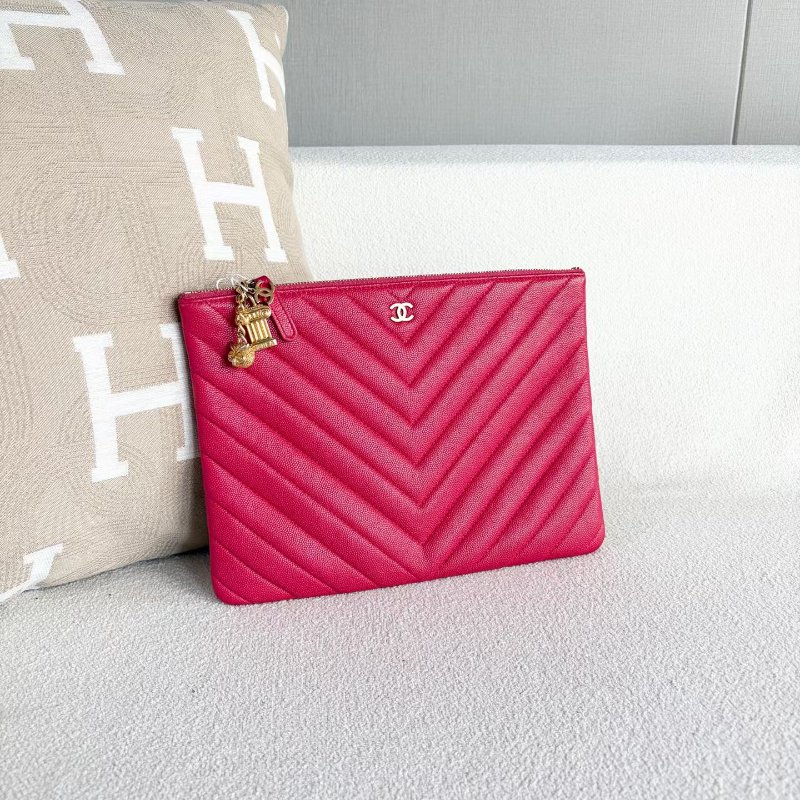 ️Chanel V紋手拿包 玫紅 金扣 荔枝皮26*20*1 98新配件塵袋-3