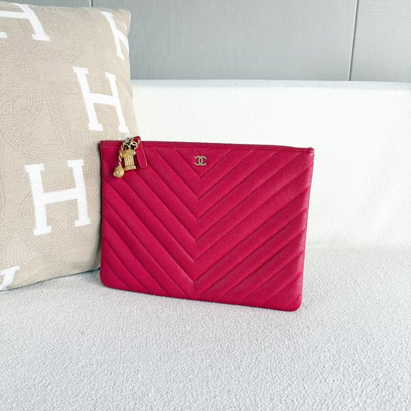 ️Chanel V紋手拿包 玫紅 金扣 荔枝皮26*20*1 98新配件塵袋-5