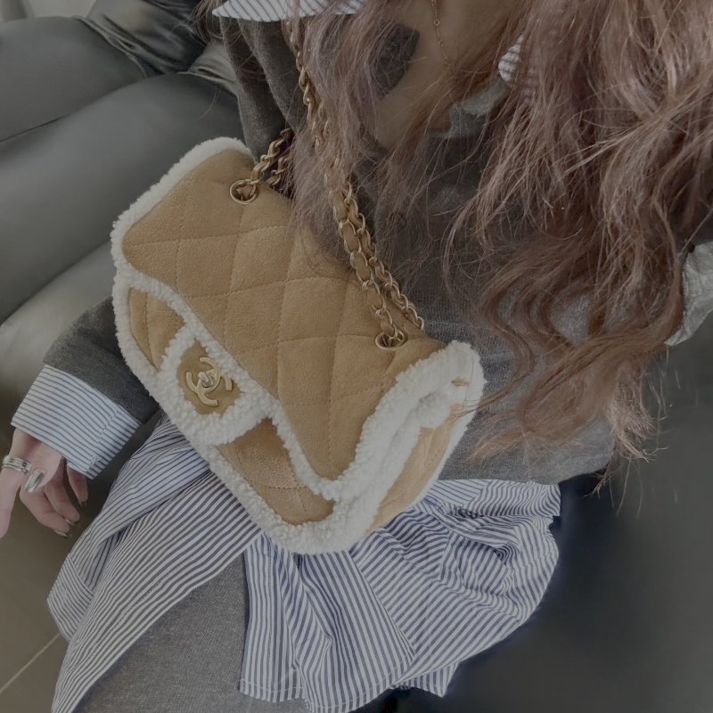 CHANEL CF jumbo麂皮拼羊羔毛 金扣手提肩背斜背包33*20*12 98新配件盒子 保卡 塵袋-0