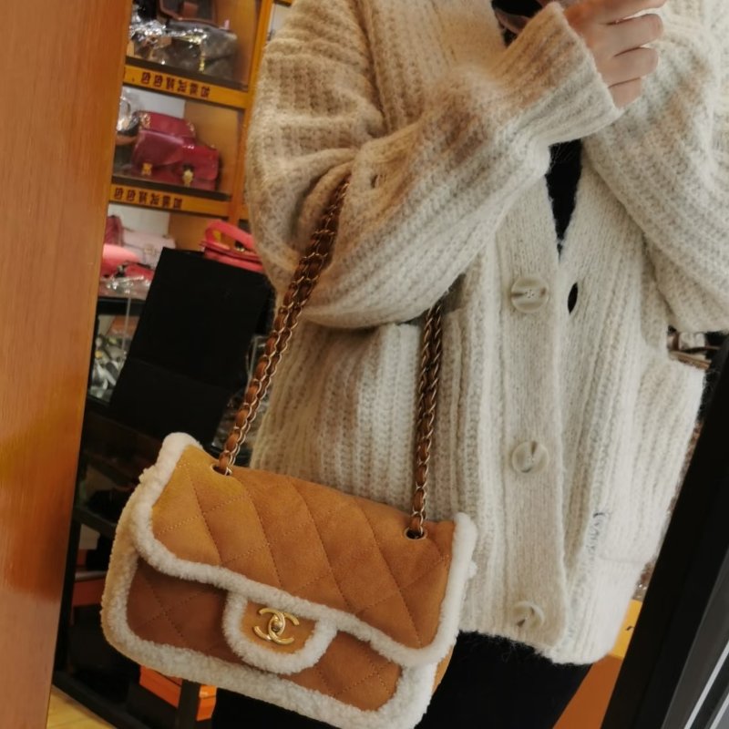 CHANEL CF jumbo麂皮拼羊羔毛 金扣手提肩背斜背包33*20*12 98新配件盒子 保卡 塵袋-1