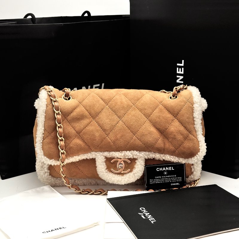 CHANEL CF jumbo麂皮拼羊羔毛 金扣手提肩背斜背包33*20*12 98新配件盒子 保卡 塵袋-2