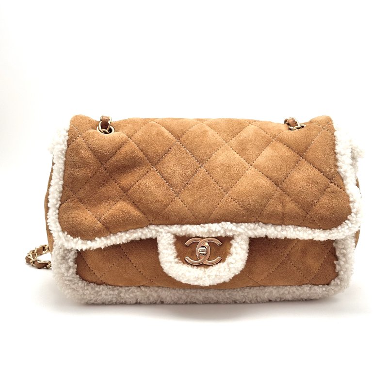 CHANEL CF jumbo麂皮拼羊羔毛 金扣手提肩背斜背包33*20*12 98新配件盒子 保卡 塵袋-3